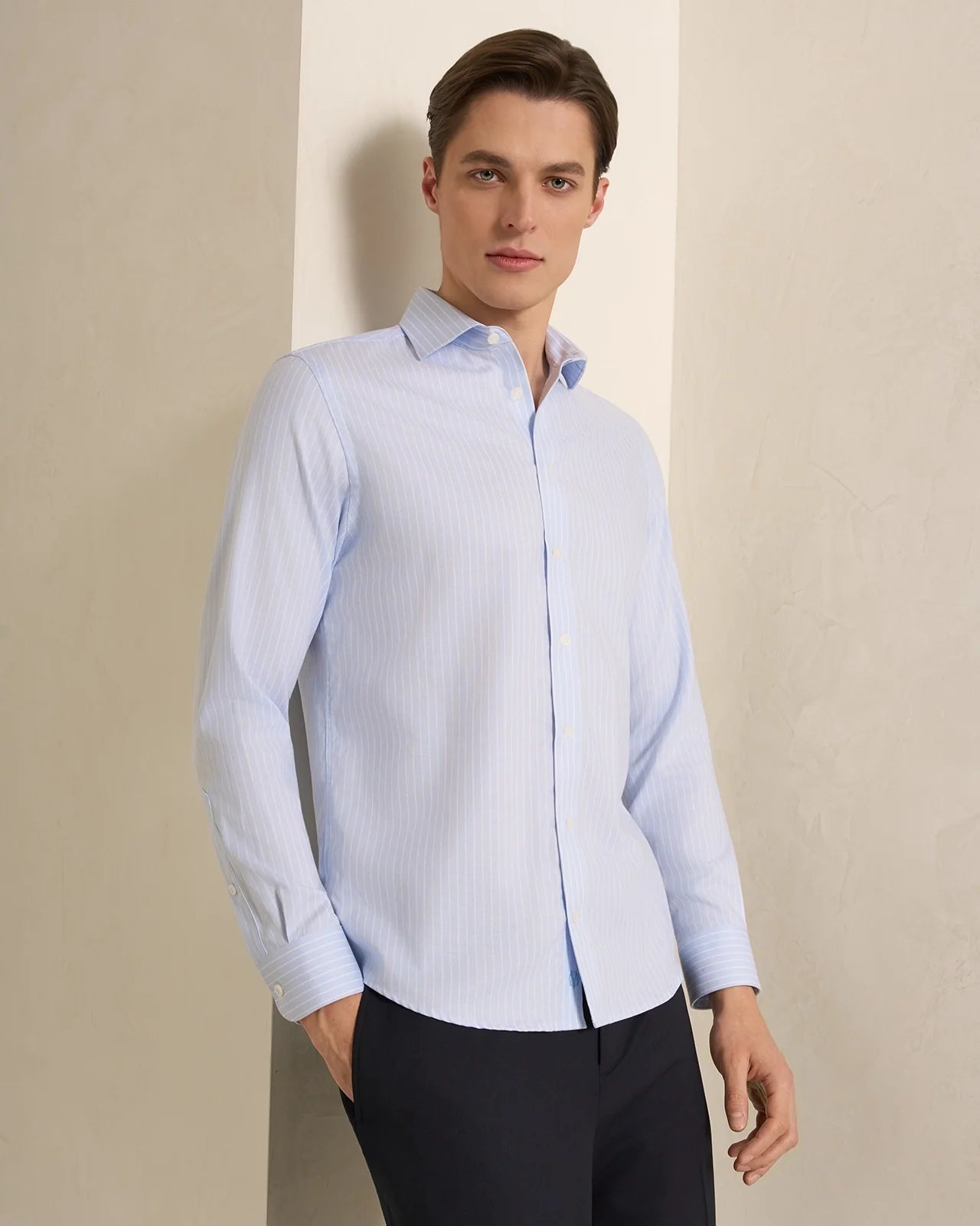 Performance Cotton Herringbone Stripe Shirt - Performance Cotton Herringbone Stripe Shirt Blue Stripe