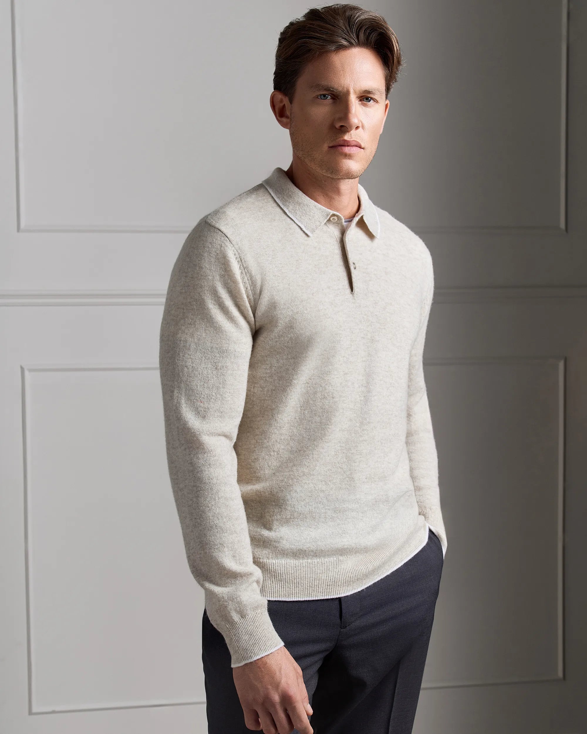 Cortina Long Sleeve Knit Polo - Cortina Long Sleeve Knit Polo Htr Cream