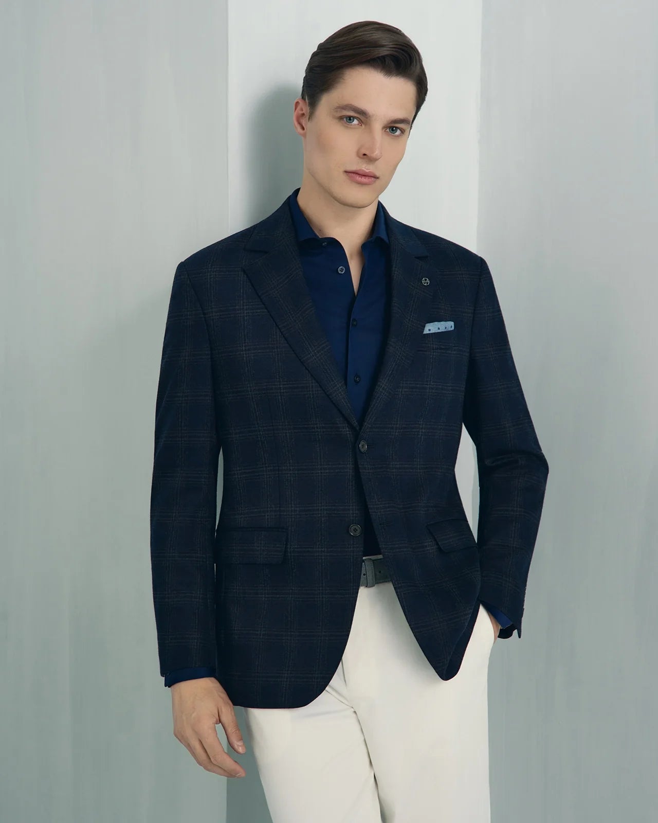 For general description, go to 'Main Product Description' region - Malpensa Wool Cashmere Wide Check Jacket - Malpensa Wool Cashmere Wide Check Jacket Navy