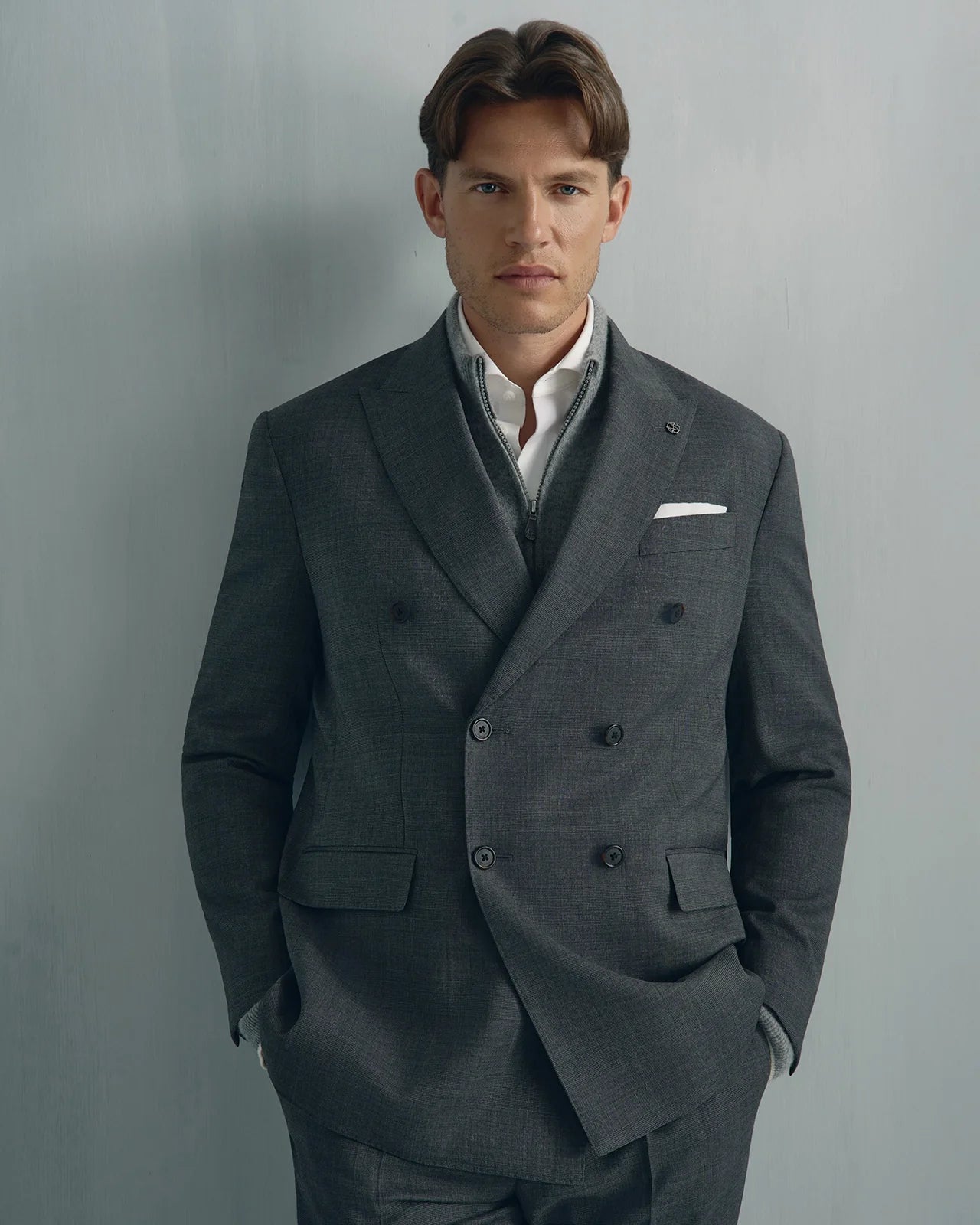 For general description, go to 'Main Product Description' region - Linate Wool Check Suit - Linate Wool Check Suit Charcoal