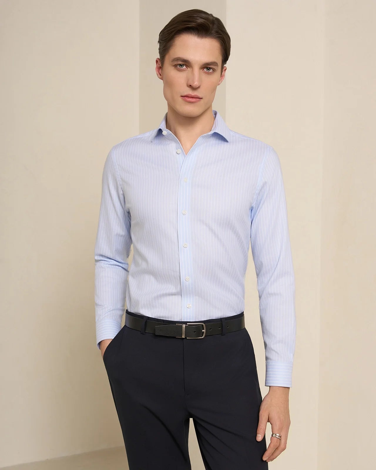 Performance Cotton Herringbone Stripe Shirt - Performance Cotton Herringbone Stripe Shirt Blue Stripe