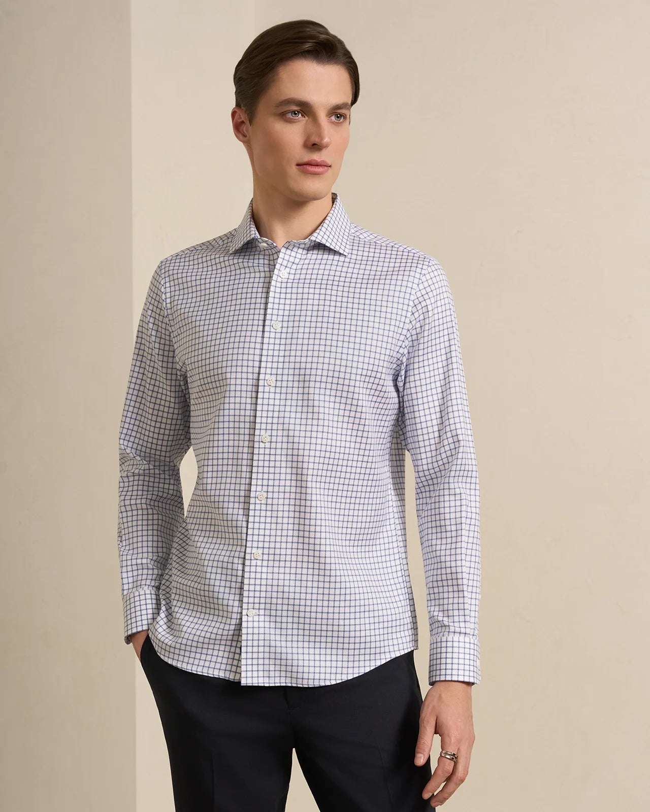Performance Cotton Twill Check Shirt - Performance Cotton Twill Check Shirt Navy Twill Check